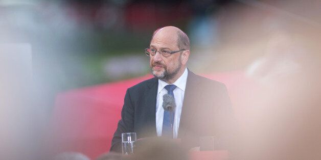 Martin Schulz, Social Democrat Party (SPD) candidate for German Chancellor, pauses during an election campaign rally in Hamburg, Germany, on Thursday, Aug. 31, 2017. While senior party members insist in public that the SPD under Schulz can score a surprise victory, the reality is clear to many that the best hope of a return to government is as junior partner to Merkel's Christian Democratic-led bloc. Photographer: Jasper Juinen/Bloomberg via Getty Images