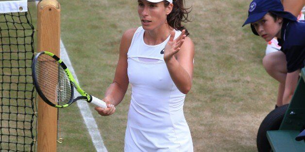 LONDON, UNITED KINGDOM - JULY 07: Johanna Konta of Great Britain celebrates after beating Maria Sakkari of Greece (not pictured) on day five of the 2017 Wimbledon Championships at the All England Lawn and Croquet Club in London, United Kingdom on July 07 2017. (Photo by Lindsey Parnaby/Anadolu Agency/Getty Images)