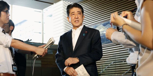 Japanese Prime Minister Shinzo Abe speaks to reporters about North Korea's missile launch in Tokyo, Japan in this photo taken by Kyodo on August 29, 2017. Mandatory credit Kyodo/via REUTERS ATTENTION EDITORS - THIS IMAGE WAS PROVIDED BY A THIRD PARTY. MANDATORY CREDIT. JAPAN OUT. NO COMMERCIAL OR EDITORIAL SALES IN JAPAN. TPX IMAGES OF THE DAY