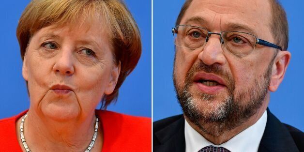 (COMBO) This combination created on September 1, 2017 of file pictures shows German Chancellor Angela Merkel, also leader of the conservative Christian Democratic Union (CDU) party (L, on August 29, 2017 in Berlin) and Martin Schulz, leader of Germany's social democratic SPD party and candidate for Chancellor (on June 27, 2017 in Berlin).Angela Merkel, Germany's cool and collected chancellor, will go head-to-head Sunday, September 3, 2017, with her fiery challenger Martin Schulz in their only te