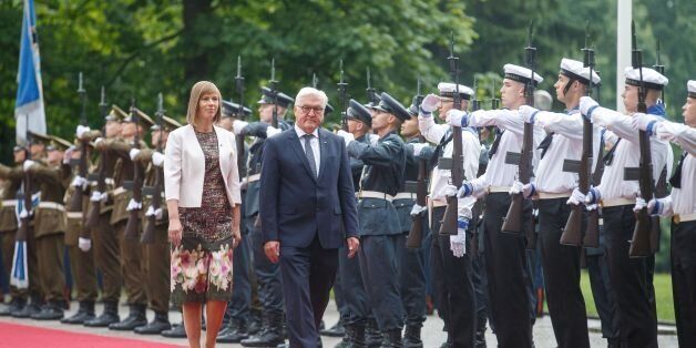 German President Frank-Walter Steinmeier (R) and his Estonian counterpart Kersti Kaljulaid review an honour guard in Tallinn on August 22, 2017 as the Baltic eurozone state holds the EU's rotating presidency. / AFP PHOTO / Raul Mee (Photo credit should read RAUL MEE/AFP/Getty Images)
