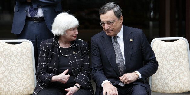 Janet Yellen, chair of the U.S. Federal Reserve, left, speaks with Mario Draghi, president of the European Central Bank (ECB), ahead of the Group of Seven (G-7) finance ministers and central bank governors meeting in Sendai, Japan, on Friday, May 20, 2016. The risk of Britain exiting the European Union is a key concern for Group of Seven finance chiefs amid fears a vote to leave the EU in just over a month could roil international markets. Photographer: Tomohiro Ohsumi/Bloomberg via Getty Images