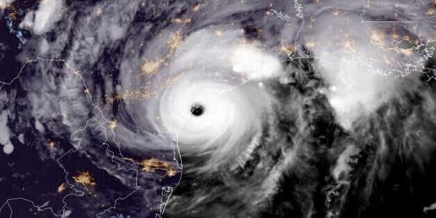 UNITED STATES - AUGUST 25: In this NOAA handout image, NOAA's GOES East satellite capture of Hurricane Harvey shows the storm making landfall shortly after 8:00pm CDT on August 25, 2017 on the mid-Texas coast. Now at category 4 strength, Harvey's maximum sustained winds had increased to 130 miles per hour. (Photo by NASA/NOAA GOES Project via Getty Images)