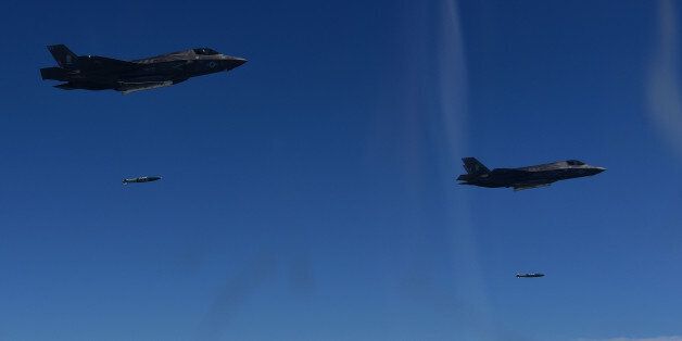 GANGWON-DO, SOUTH KOREA - AUGUST 31: In this handout image provide by South Korean Defense Ministry, U.S. marine's F-35B drop bombs during a training at the Taebaek Pilsung Firing Range on August 31, 2017 in Gangwon-do, South Korea. U.S. and South Korea also operated air-to-ground strike drill in response to North Korea's ballistic missile launch which flied over Northern Japan on August 29. (Photo by Handout/South Korean Defense Ministry via Getty Images)