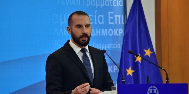 GENERAL PRESS SECRETARY, ATHENS, ATTIKI, GREECE - 2017/02/07: Dimitris Tzanakopoulos, Greek Minister of State and Government's Spokesman, during the press conference.In preparation of the Public Debt Management Agency agreement with the investment bank Rothschild said Government Spokesman Dimitris Tzanakopoulos, after the complaints of the vice President of New Democracy party, Mr. Adonis Georgiadis.For the assessment, Mr. Tzanakopoulos said that the ongoing initiatives in many quarters that the government hopes to reach an agreement that ensures and integration of Greek bonds on the ECB's quantitative easing program. (Photo by Dimitrios Karvountzis/Pacific Press/LightRocket via Getty Images)