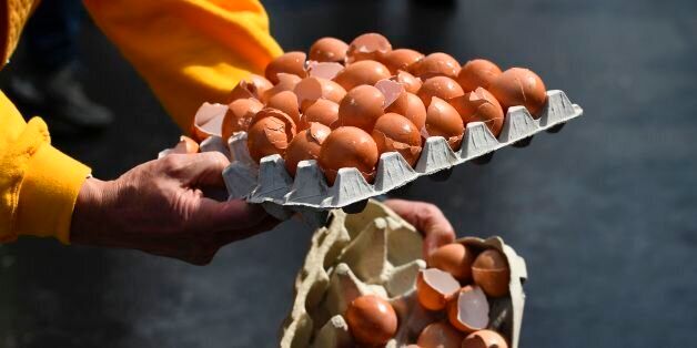 Members of the World Brotherhood of the Huge Omelet crack eggs to create a 6500 egg omelet on August 15, 2017 in Malmedy.Ten thousand hen's eggs will be used for the traditional event in the town near the German border despite a scandal sweeping Europe involving eggs tainted with the insecticide fipronil. / AFP PHOTO / JOHN THYS (Photo credit should read JOHN THYS/AFP/Getty Images)