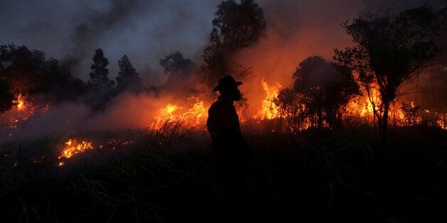 A firefighter tries to extinguish a bush fire in Ogan Ilir regency, South Sumatra, Indonesia August 4, 2017 in this photo taken by Antara Foto. Picture taken August 4, 2017. Antara Foto/Nova Wahyudi/ via REUTERS ATTENTION EDITORS - THIS IMAGE WAS PROVIDED BY A THIRD PARTY. MANDATORY CREDIT. INDONESIA OUT. NO COMMERCIAL OR EDITORIAL SALES IN INDONESIA.