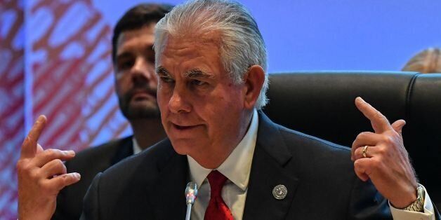 US Secretary of State Rex Tillerson gestures before the 10th Lower Mekong Initiative Ministerial Meeting,...