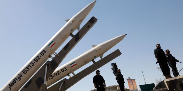 Zolfaghar missiles (R) are displayed during a rally marking al-Quds (Jerusalem) Day in Tehran on June 23, 2017. Chants against the Saudi royal family and the Islamic State group mingled with the traditional cries of 'Death to Israel' and 'Death to America' at Jerusalem Day rallies across Iran today. / AFP PHOTO / Stringer (Photo credit should read STRINGER/AFP/Getty Images)