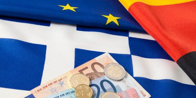 (GERMANY OUT) EuropÃ¤ische, deutsche und griechische Flagge mit Euro Geld (Photo by Bildquelle/ullstein bild via Getty Images)