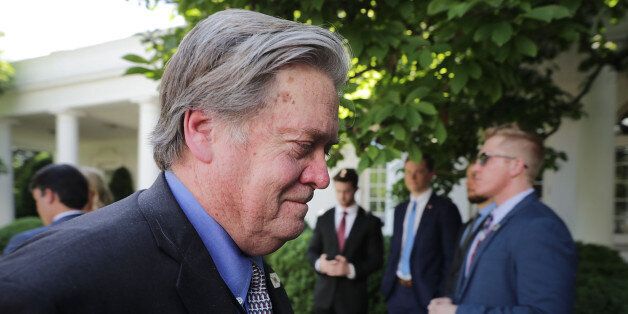 WASHINGTON, DC - JUNE 01: Senior Counselor to the President Steve Bannon leaves the Rose Garden after President Donald Trump announces his decision to pull out of the Paris climate agreement at the White House June 1, 2017 in Washington, DC. Trump pledged on the campaign trail to withdraw from the accord, which former President Barack Obama and the leaders of 194 other countries signed in 2015 to deal with greenhouse gas emissions mitigation, adaptation and finance so to limit global warming to a manageable level. (Photo by Chip Somodevilla/Getty Images)
