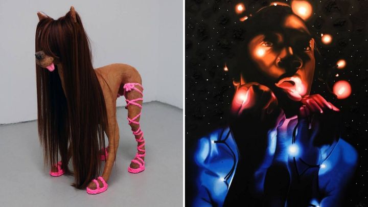Left: Caroline Jacobson's "Ricky" sculpture. Right: Sean Winn's "Slowly Becoming One With The Universe" painting.