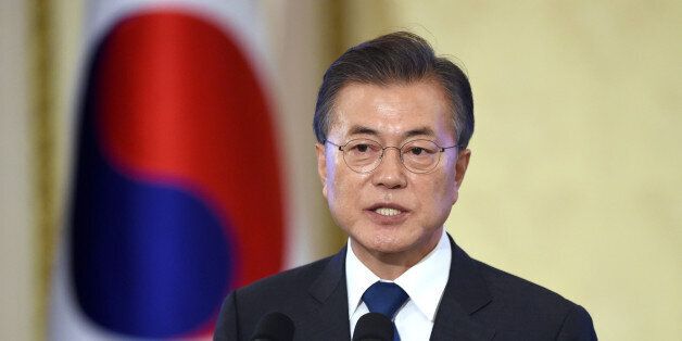 South Korea's President Moon Jae-In speaks during a press conference marking his first 100 days in office at the presidential house in Seoul on August 17, 2017.There will be no war on the Korean peninsula, South Korean President Moon Jae-In said on August 17, saying Seoul effectively had a veto over US military action in response to the North's nuclear and missile programmes. / AFP PHOTO / POOL / JUNG Yeon-Je (Photo credit should read JUNG YEON-JE/AFP/Getty Images)