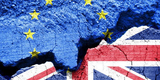 Brexit, Flags of the United Kingdom and the European Union on cracked background