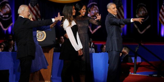 U.S. President Barack Obama, his wife Michelle, their daughter Malia, Vice-President Joe Biden and his wife Jill acknowledge the crowd after President Obama delivered a farewell address at McCormick Place in Chicago, Illinois, U.S. January 10, 2017. REUTERS/John Gress