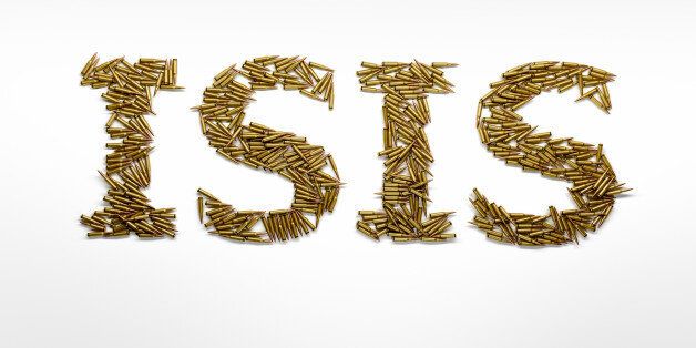 Concept of military aggression of ISIS. Word ISIS typed with font made of bullets on white background