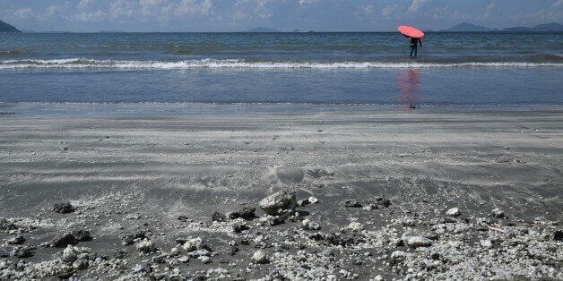 A surfer wades into the water as bits of palm oil (bottom) is seen on the sand of a beach in Hong Kong on August 7, 2017.Ten beaches typically packed on a hot weekend were closed in Hong Kong on August 6 due to a palm oil spillage from a ship collision in mainland Chinese waters. / AFP PHOTO / Anthony WALLACE (Photo credit should read ANTHONY WALLACE/AFP/Getty Images)