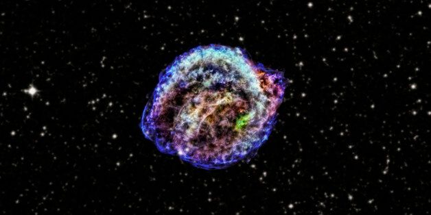 An X-ray and infrared composite image, released on March 19, 2013, illustrates the remnant of Kepler's supernova, the explosion that was discovered by Johannes Kepler in 1604. The red, green and blue colors show low, intermediate and high energy X-rays observed with NASA's Chandra X-ray Observatory, and the star field is from the Digitized Sky Survey. The new Chandra analysis shows that the Kepler supernova was triggered by an interaction between a white dwarf and a red giant star. This composite figure also shows a remarkably large and puzzling concentration of iron on one side of the center of the remnant but not the other. The authors speculate that the cause of this asymmetry might be the