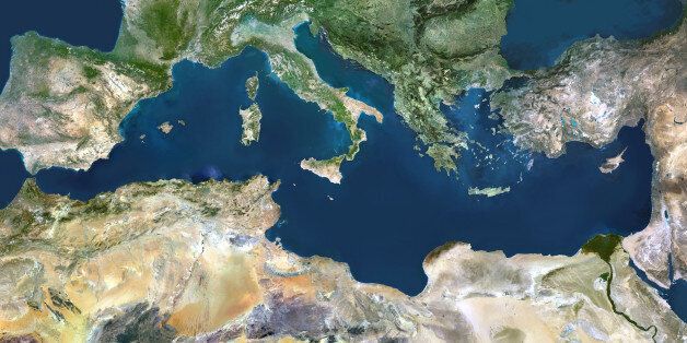 Mediterranean Sea. True colour satellite images showing the Mediterranean Sea. Points of interest include the Alps (just above centre, white), the Blakek Sea (centre right), and the Nile Delta (green, lower right). This image was compiled from data acquired by LANDSAT 5 & 7 satellites.