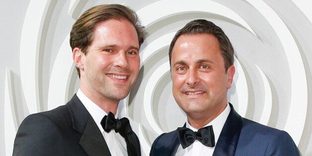 BERLIN, GERMANY - APRIL 30: Prime Minister of Luxemburg, Xavier Bettel (R), an his husband Gauthier Destenay attend the Rosenball 2016 on April 30, 2016 in Berlin, Germany. (Photo by Isa Foltin/Getty Images for Bertelsmann)