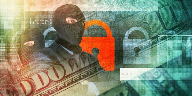 Cyber Crime Concept Illustration. Professional Hackers in Black Masks Blended with Financial Related Images. Online Financial Safety Concept
