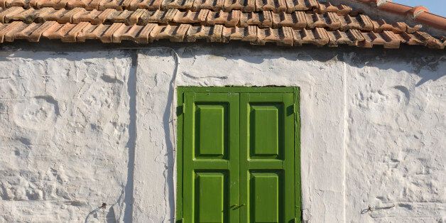Europe, Greece, Rhodes Island, View Of Shuttered Window On Traditional Greek Village House