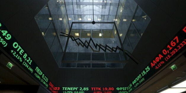 A stock ticker shows stock options inside the Athens stock exchange building in Athens, Greece, September 21, 2015. Greek equities lost ground on Monday after Syriza's election victory and yields on government paper edged higher as attention turned to the formation of a new cabinet and implementation of the country's third bailout. REUTERS/Alkis Konstantinidis