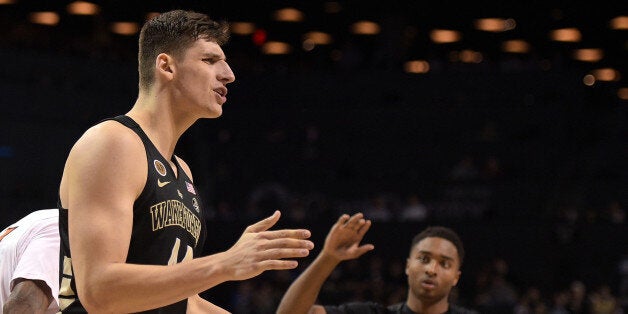 NEW YORK, NY - MARCH 08: Konstantinos Mitoglou #44 of the Wake Forest Demon Deacons reacts following a play against the Virginia Tech Hokies during the second round of the ACC Basketball Tournament at Barclays Center on March 8, 2017 in the Brooklyn borough of New York City. (Photo by Lance King/Getty Images)