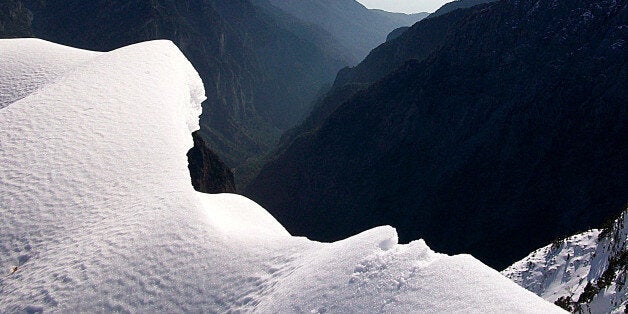 SAMARIA GORGE FROM ABOVE WITH SNOW ON THE PEAKS,WHITE MOUNTAINS,CHANIA,CRETE,GREECE