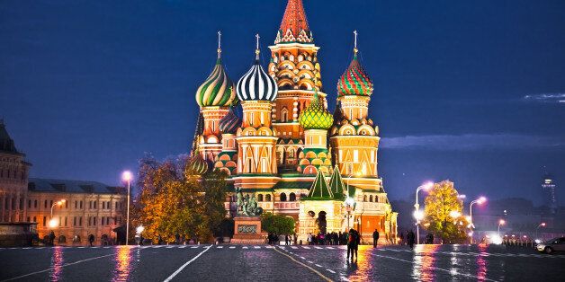Night view of Red Square and Saint Basil and Cathedral in Moscow., Russia.