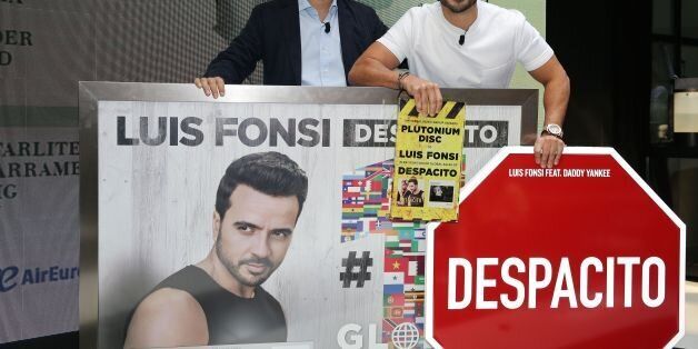 MADRID, SPAIN - JUNE 30: Luis Fonsi (R) presents his 'Love + Dance World Tour' and receives an award from the hands of Narcis Rebollo for 'Despacito' on June 30, 2017 in Madrid, Spain. (Photo by Europa Press/Europa Press via Getty Images)