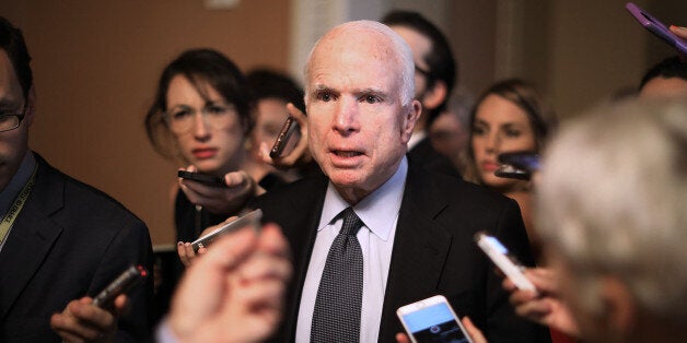 WASHINGTON, DC - JULY 13: Sen. John McCain (R-AZ) leaves a meeting where a new version of a GOP healthcare bill was unveiled to Republican senators at the U.S. Capitol July 13, 2017 in Washington, DC. The latest version of the proposed bill aims to repeal and replace the Affordable Care Act, also knows as Obamacare. (Photo by Chip Somodevilla/Getty Images)