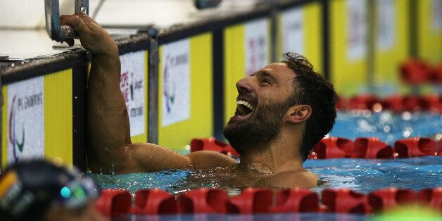 GLASGOW, SCOTLAND - JULY 18: Antonios Tsapatakis of Greece reacts after he competes in the heats of the Men's 100m Breaststroke SB4 during Day Six of The IPC Swimming World Championships at Tollcross Swimming Centre on July 18, 2016 in Glasgow, Scotland. (Photo by Ian MacNicol/Getty Images)