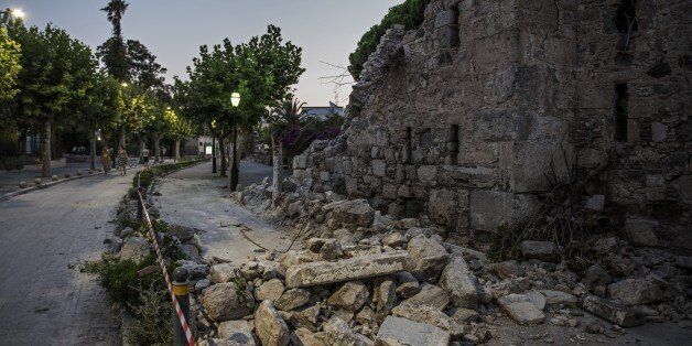 KOS, GREECE - JULY 22: Debris of a collapsed building is seen on a sidewalk after the 6.6-magnitude richter scale earthquake hit Aegean Sea, in Kos Island of Greece on July 22, 2017. (Photo by Anna Daverio/Anadolu Agency/Getty Images)
