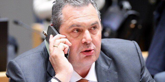 BRUSSELS, BELGIUM - MARCH 06: Greek Defence Minister Panos Kammenos attends the meeting of the EU Foreign Affairs Council at EU Council building in Brussels, Belgium on March 06, 2017. (Photo by Dursun Aydemir/Anadolu Agency/Getty Images)