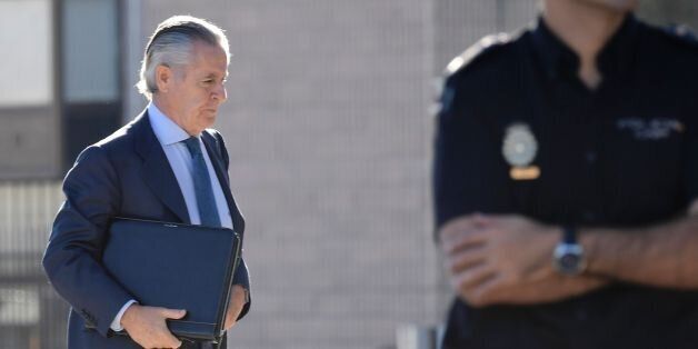 Former president of Caja Madrid Miguel Blesa arrives at the High Court in San Fernando de Henares, near Madrid for the 'Black cards of Bankia' trial over bankers' luxury sprees, on September 26, 2016.Former IMF chief, ex Spanish Economy Minister and former president of Caja Madrid, Rodrigo Rato is trialed for alleged of misuse of funds when he was the boss of two of Spain's top banks. Rato is standing trial with 64 other former executives and board members at Caja Madrid and Bankia, whose near-
