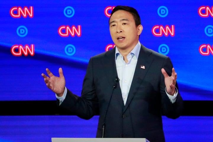 Entrepreneur Andrew Yang speaks on the second night of the second 2020 Democratic U.S. presidential debate in Detroit on July 31, 2019. 