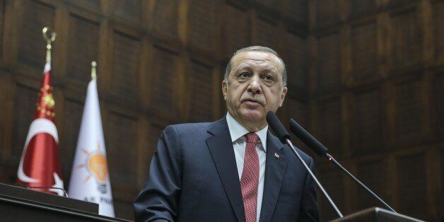 ANKARA, TURKEY - JULY 25: Turkish President and Chairman of the Justice and Development Party (AK Party) Recep Tayyip Erdogan delivers a speech during the AK Party's group meeting at the Grand National Assembly of Turkey (TBMM) in Ankara, Turkey on July 25, 2017. (Photo by Abdulhamid Hosbas/Anadolu Agency/Getty Images)
