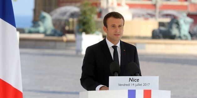 French President Emmanuel Macron delivers a speech during a commemorative ceremony marking the first anniversary of the jihadist truck attack which killed 86 people in Nice, southern France, on Bastille Day, July 14, 2017.Bastille Day celebrations were tinged with mourning, as the Mediterranean city of Nice payed tribute to the victims of an attack claimed by the Islamic State group one year ago, where a man drove a truck into a crowd, killing 86 people. / AFP PHOTO / Valery HACHE (Photo