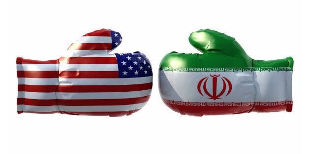 Boxing gloves with Usa and Iran flag, isolated 3d illustration