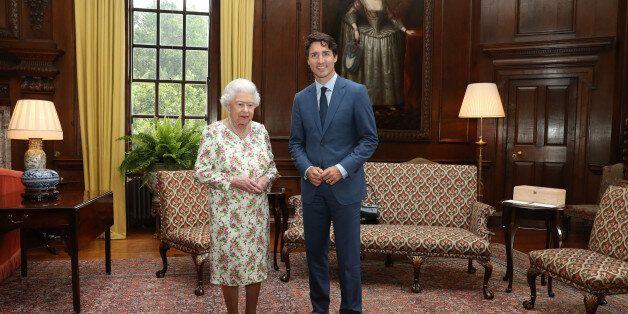 EDINBURGH, UNITED KINGDOM - JULY 5: Queen Elizabeth II meets with Canadian Prime Minister Justin Trudeau during an audience at the Palace of Holyroodhouse in Edinburgh, Scotland. (Photo by Andrew Milligan/WPA Pool/Getty Images)