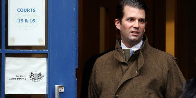 Donald Trump Jr departs the Court of Session in Edinburgh as lawyers acting for his father US billionaire Donald Trump have challenged the legality of a decision to approve an offshore windfarm within view of his golf resort on the Aberdeenshire coast.