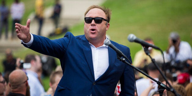 CLEVELAND, OH - JULY 18: Conspiracy theorist and radio talk show host Alex Jones speaks during a rally in support of Donald Trump near the Republican National Convention iJuly 18, 2016 in Cleveland, Ohio. (Photo by Brooks Kraft/ Getty Images)