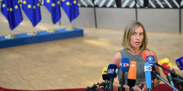 BRUSSELS, BELGIUM - JUNE 22: The High Representative for Foreign Affairs and Security Policy for the EU Federica Mogherini speaks to the media at the EU Council headquarters ahead of a European Council meeting on June 22, 2017 in Brussels, Belgium. (Photo by Leon Neal/Getty Images)