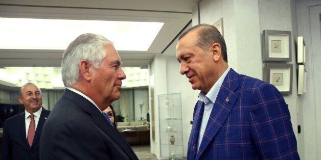 ISTANBUL, TURKEY - JULY 9: President of Turkey Recep Tayyip Erdogan (R) meets US Secretary of State Rex Tillerson (L) at Tarabya Palace in Istanbul, Turkey on July 9, 2017. (Photo by Kayhan Ozer/Anadolu Agency/Getty Images)