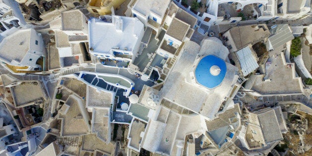 SANTORINI, GREECE - JULY 01: Aerial view of Pyrgos Kallistis or Pyrgos village on July 01, 2015 in Santorini, Greece. (Photo by Athanasios Gioumpasis/Getty Images)