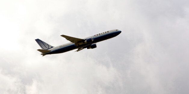 General view of an United Airlines plane taking off at Heathrow Airport