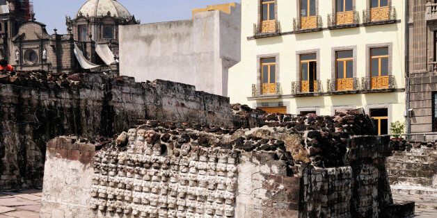 Mexico, Federal District, Mexico City, Wall of Skulls or tzompantli in the Templo Mayor Aztec temple ruins. (Photo by: Eye Ubiquitous/UIG via Getty Images)