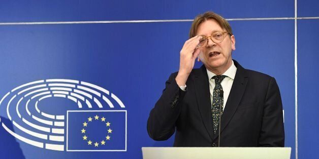 The European Parliament's chief Brexit negotiator Guy Verhofstadt gestures as he addresses a press conference with the European Parliament president after Britain initiated the process to leave the EU at the European Parliament in Brussels on March 29, 2017.Britain launched the process to leave the European Union on March 29, saying there was 'no turning back' from the historic move that has split the country and thrown the bloc's future into question. / AFP PHOTO / EMMANUEL DUNAND (Photo credit should read EMMANUEL DUNAND/AFP/Getty Images)