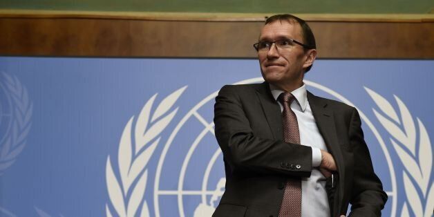 Special Advisor to the UN Secretary-General on Cyprus Norway's Espen Barth Eide, arrives for a press conference on the third day of the UN-sponsored Cyprus peace talks on January 11, 2017 in Geneva. / AFP / PHILIPPE DESMAZES (Photo credit should read PHILIPPE DESMAZES/AFP/Getty Images)